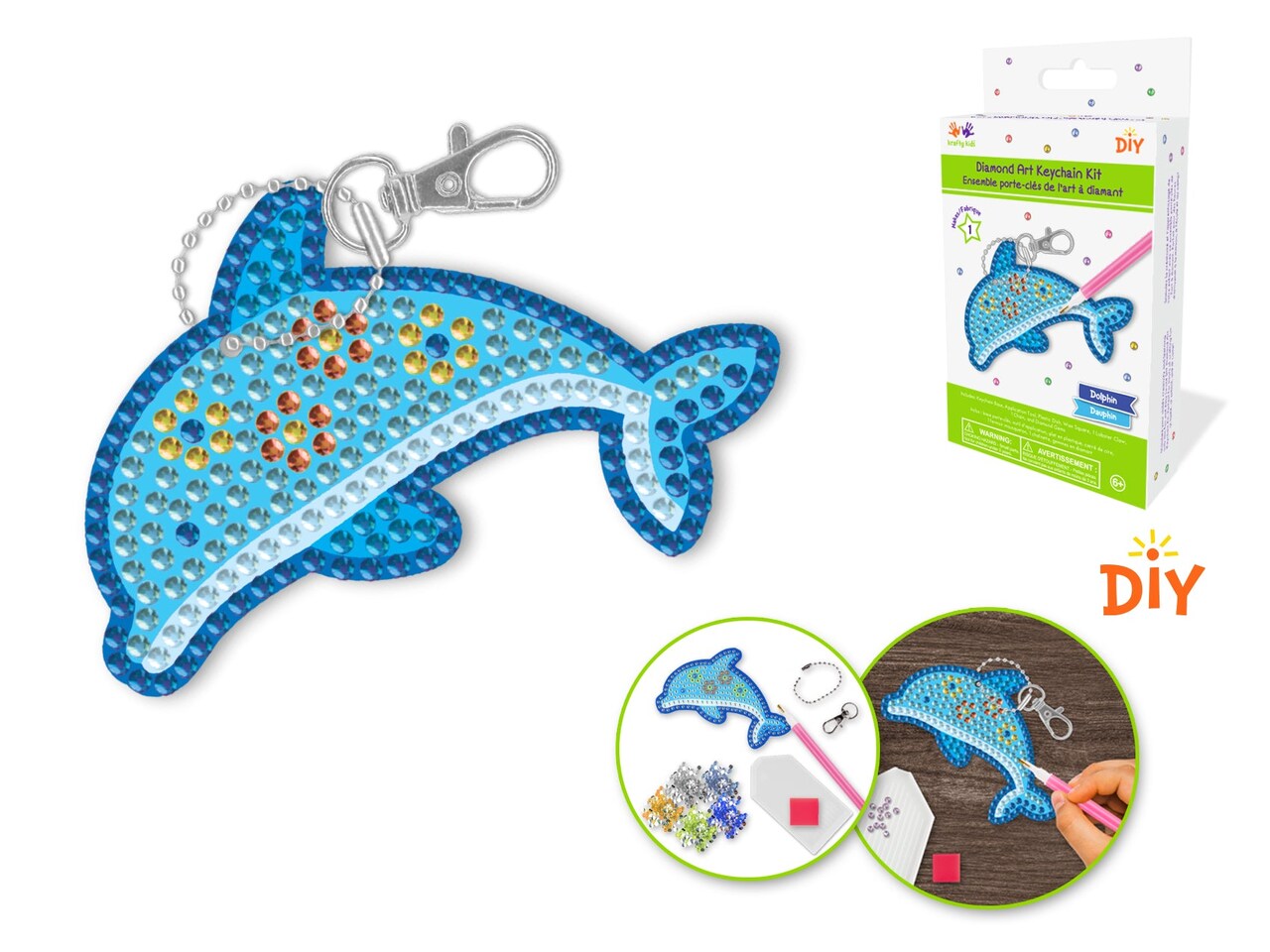 DIY Krafty Kids Dolphin Diamond Art Keychain Facet Bead Craft Kit